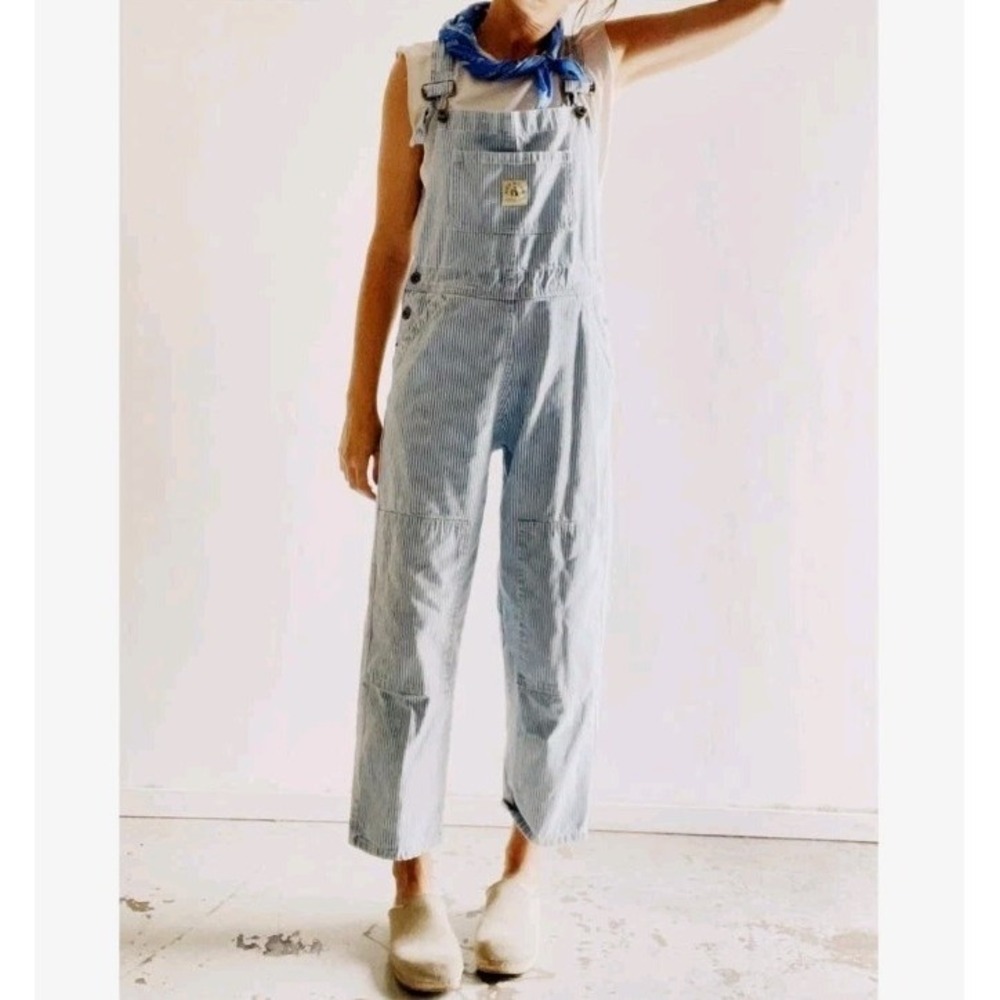 Hey Gang Overalls  Size 3 Railroad Washed Cotton Canvas Blue Stripe Knee Patch